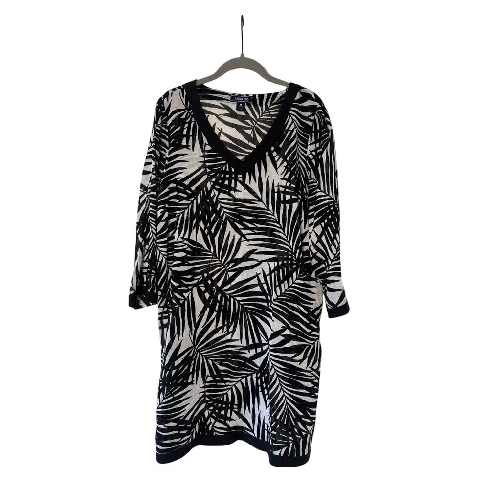 Lands’ End Swim Cover Up Tunic Medium 10-12 Black White Tropical Palm Cotton - Picture 2 of 7